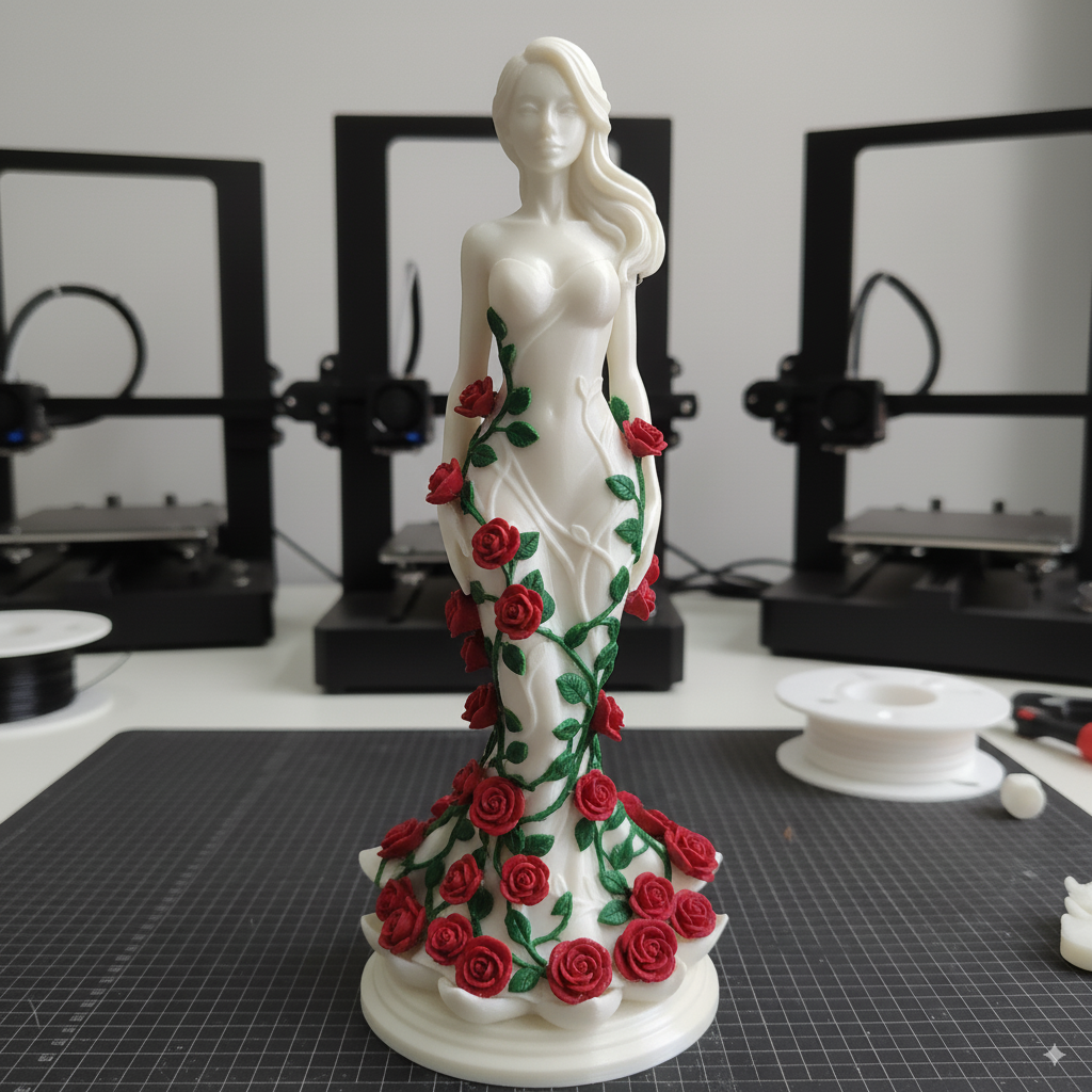 A 3D-printed statuette of a woman in a white gown adorned with climbing green vines and detailed red roses. The figurine sits on a black gridded cutting mat in the foreground, with three 3D printers and spools of filament visible in the blurred background.